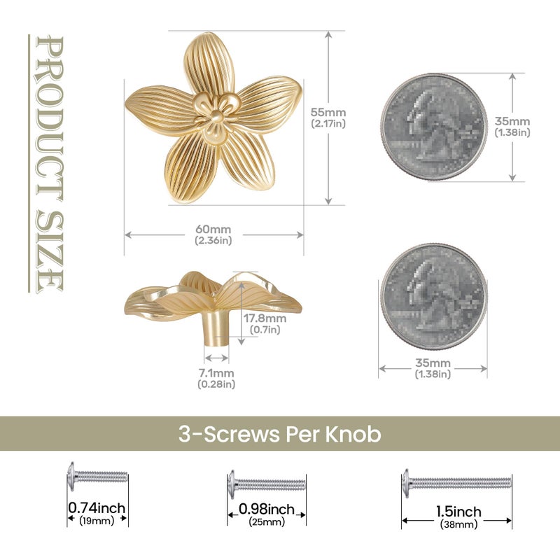 CEYMIO 8 Pack 2.4 Inch Brushed Gold Flower Cabinet Knobs, Vintage Floral Drawer Pulls â€“ Decorative Dresser Handles for Furniture, Vanity, Closet, Bathroom â€“ Unique Antique Hardware - Image 2