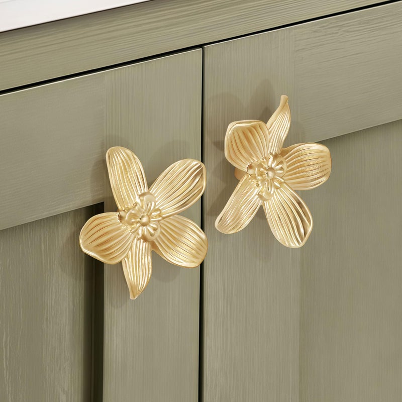 CEYMIO 8 Pack 2.4 Inch Brushed Gold Flower Cabinet Knobs, Vintage Floral Drawer Pulls â€“ Decorative Dresser Handles for Furniture, Vanity, Closet, Bathroom â€“ Unique Antique Hardware - Image 4