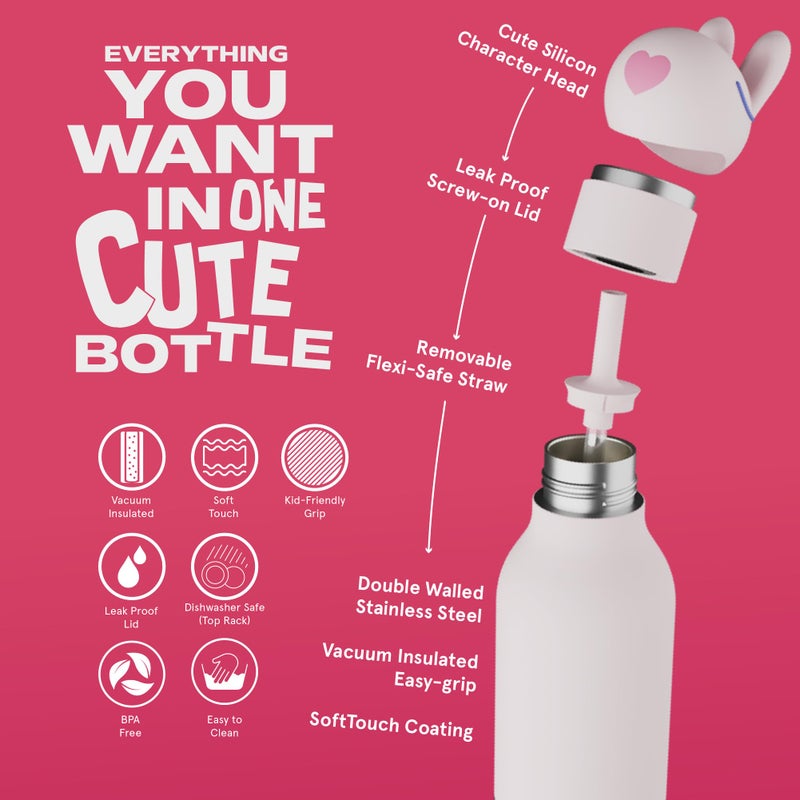 asobu Bestie Bottle Insulated Stainless Steel Water Bottle with Detachable Soft Animal Head Fun Drinking For Kids and Teens with Flexible Reusable Straw 16 Ounce - Image 3
