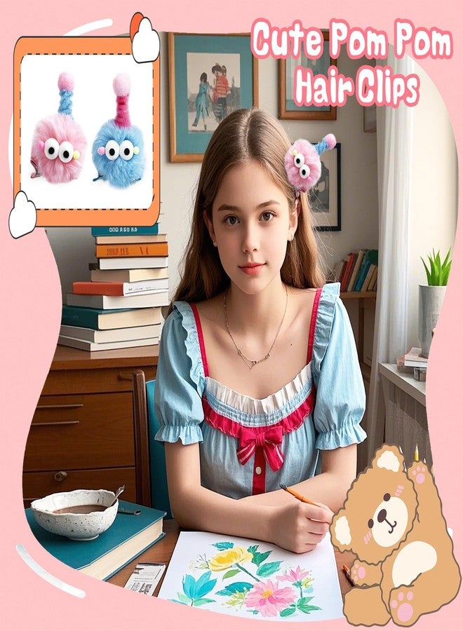 ZLSPTK 2Pcs Pom Pom Hair Clips Pink Cute Hair Pins Baby Girls Funny Blue Small Hairs Barrettes Thick Long Short Hairs Clips Non Slip Kawaii Metal Head Clip Natural Head Accessories Bulk Party Styling - Image 2