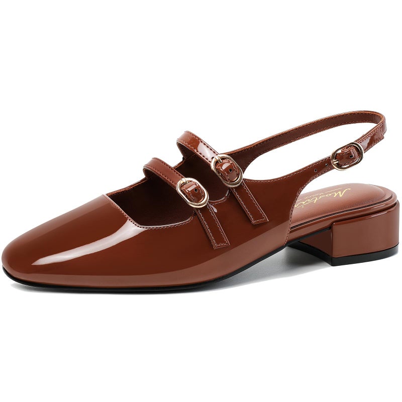 Mostrin Brown Mary Jane Shoes Women Slingback Chunky Low Heels for Women Closed Rounded Toe Ankle Strap Pumps Daily Wedding Party Dress Shoes Size 7 - Image 1