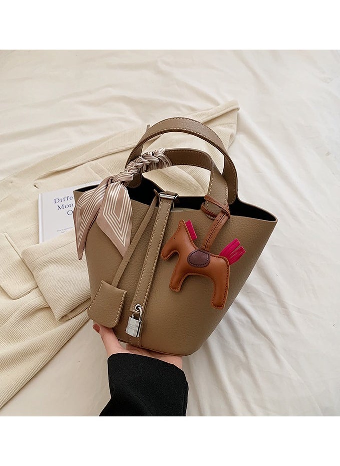 NIBEMINENT - Patchwork Pendant Decor Simple Design Satchel Bag Include Pony Pendant and Silk Scarf - Image 1