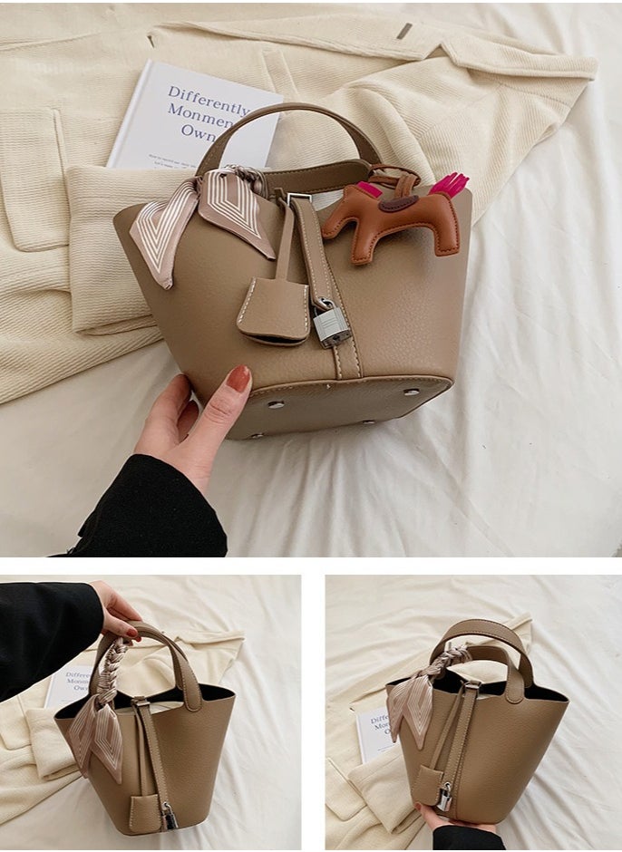 NIBEMINENT - Patchwork Pendant Decor Simple Design Satchel Bag Include Pony Pendant and Silk Scarf - Image 1