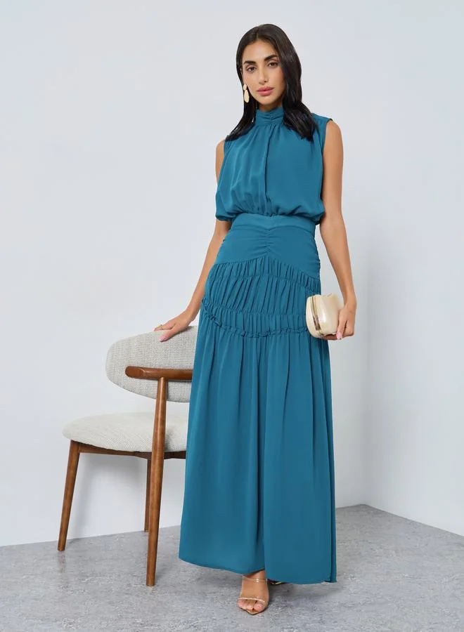 Teal Pleating Waist Sleeveless Maxi Dress