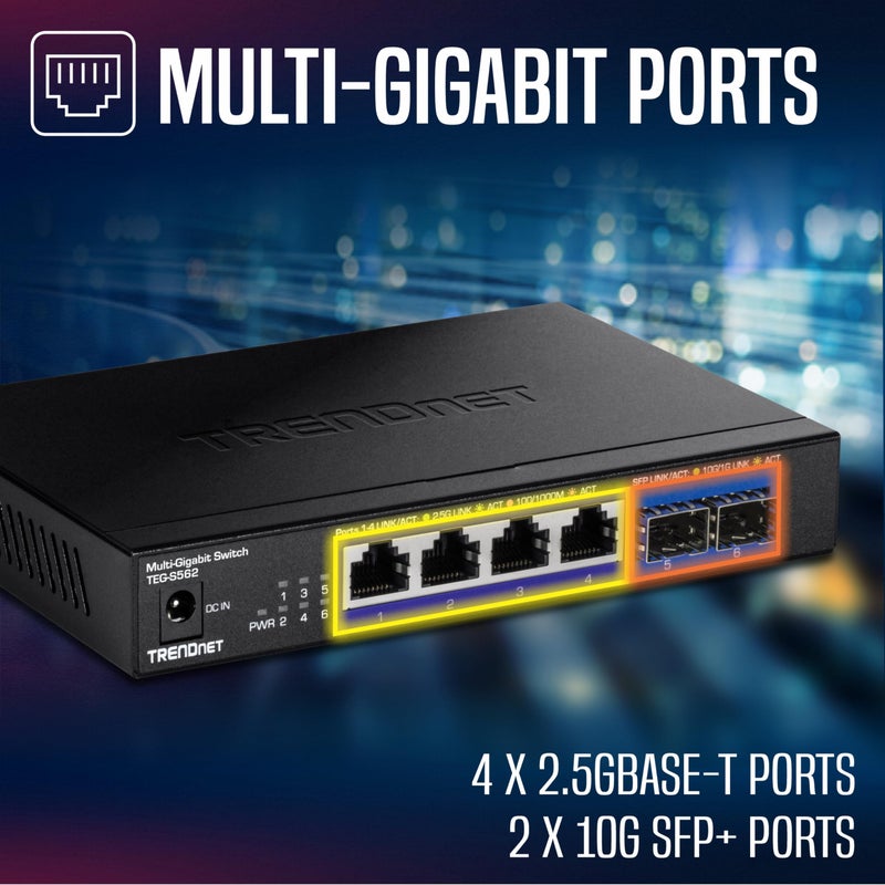 Trendnet مفتاح متعدد الجيج غير مُدار من TRENDnet بـ 6 منافذ، 4 منافذ 2.5GBASE-T، 2 منفذ 10G SFP+ بدون مروحة، تصميم مدمج لسطح المكتب، هيكل معدني، مفتاح شبكة إيثرنت، حماية مدى الحياة، أسود، TEG-S562 - Image 3