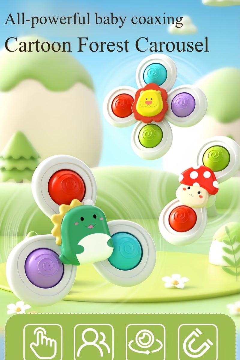 أفضل ذروة ألعاب حمام الطفل، مجموعة من 3 قطع من ألعاب الأكل والاستحمام الدوارة ذات الأكواب الماصة، ألعاب حسية جديدة، دوارات فيدجيت، مناسبة لألعاب حمام الأطفال الصغار، أعياد ميلاد الأطفال، هدايا الأطفال، ألعاب تعليمية ممتعة بالضغط على الإصبع، دوارات فيدجيت دوارة للأكل والاستحمام - مجموعة Forest Spin من 3 قطع (سوار + كوب شفط) - Image 3