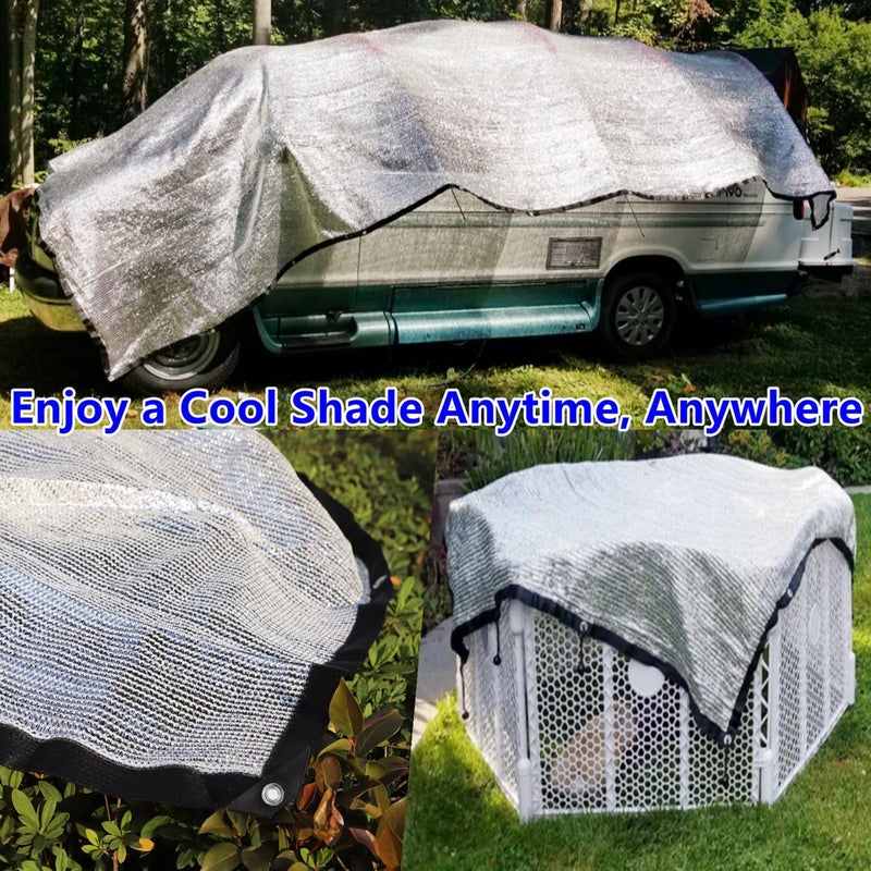 UNIUP 70% Aluminum Shade Cloth 13 FT x 13 FT, Silver Tarps Fabric Privacy Screen Pet Shade Car Cover Patio Garden Pergola Cover Canopy with Grommets and Ball Bungee, Aluminum Foil Shade Net - Image 5