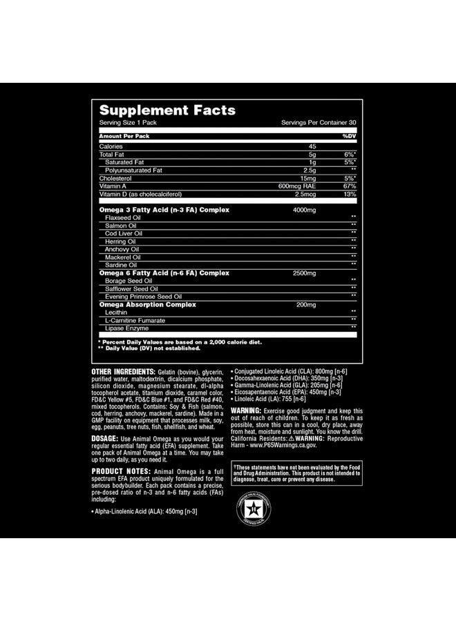 ANIMAL أوميغا 3 و 6 مكمل زيت السمك زيت بذور الكتان زيت السلمون زيت كبد السمك الرنجة والمزيد يدعم صحة القلب والمفاصل يعزز الأيض عبوة 30 يومًا - Image 3