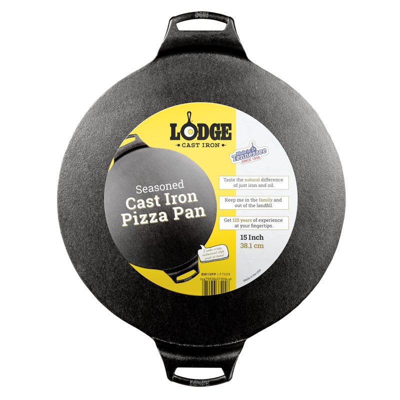 Lodge Seasoned Cast Iron Pizza Pan - Pre-Seasoned, Round Pizza Pan with Dual Assist Handles - Even Heat Distribution- PFAS-Free, Non-Toxic Cookware - Oven Safe - 15 Inch - Image 1