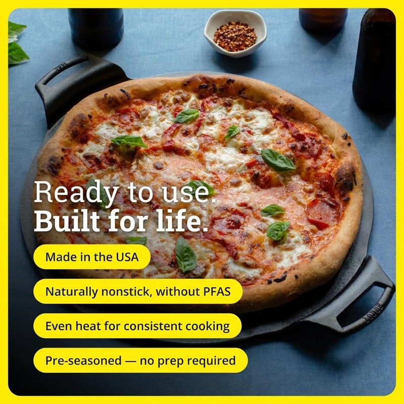 Lodge Seasoned Cast Iron Pizza Pan - Pre-Seasoned, Round Pizza Pan with Dual Assist Handles - Even Heat Distribution- PFAS-Free, Non-Toxic Cookware - Oven Safe - 15 Inch - Image 3
