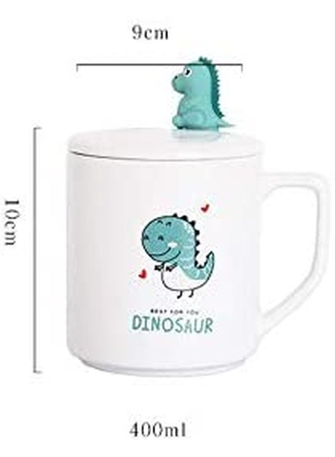 Loquat Cute Cartoon Matte Dinosaur Printed Ceramic Mug with Lid and Spoon White/Green/Silver 10 x 9cm - Image 2