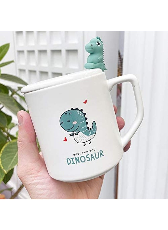 Loquat Cute Cartoon Matte Dinosaur Printed Ceramic Mug with Lid and Spoon White/Green/Silver 10 x 9cm - Image 3