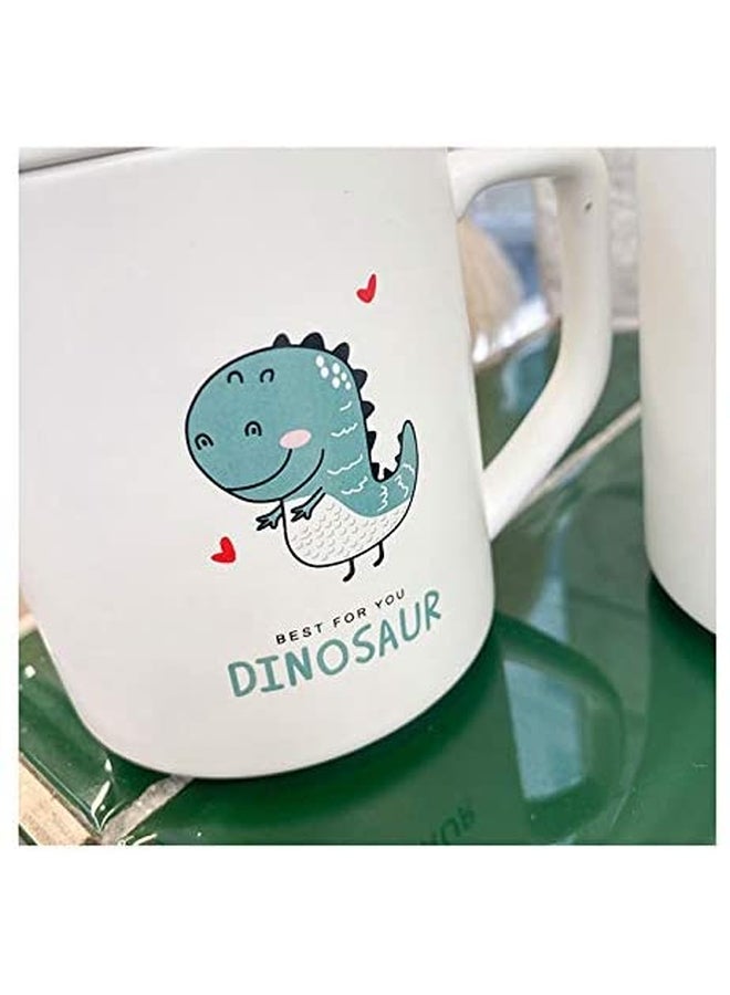 Loquat Cute Cartoon Matte Dinosaur Printed Ceramic Mug with Lid and Spoon White/Green/Silver 10 x 9cm - Image 4