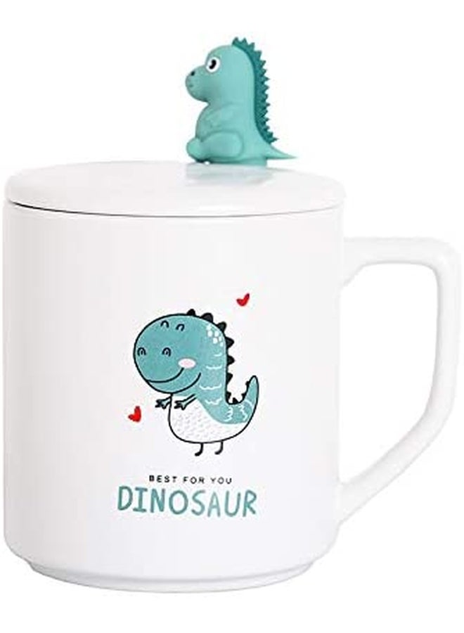 Loquat Cute Cartoon Matte Dinosaur Printed Ceramic Mug with Lid and Spoon White/Green/Silver 10 x 9cm - Image 1