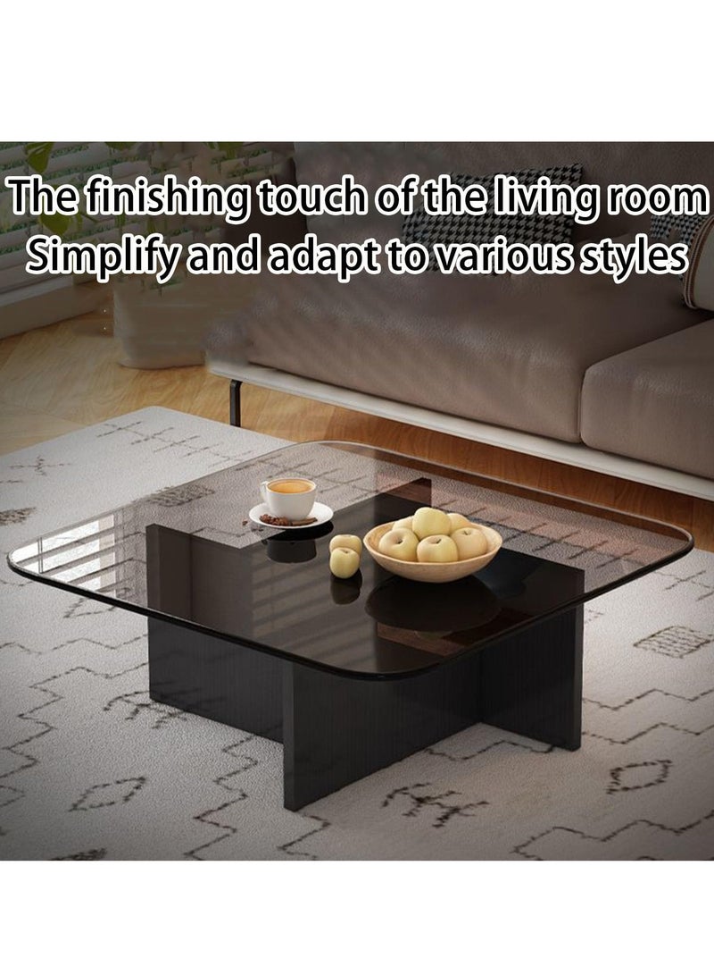 XiuWoo Tempered Glass Square Coffee Tables,Unique Modern Table,Clear Coffee Table,Mid-Century Modern Abstract End Table with Wooden Base for Living Room Home Office 70*70*36cm - Image 2