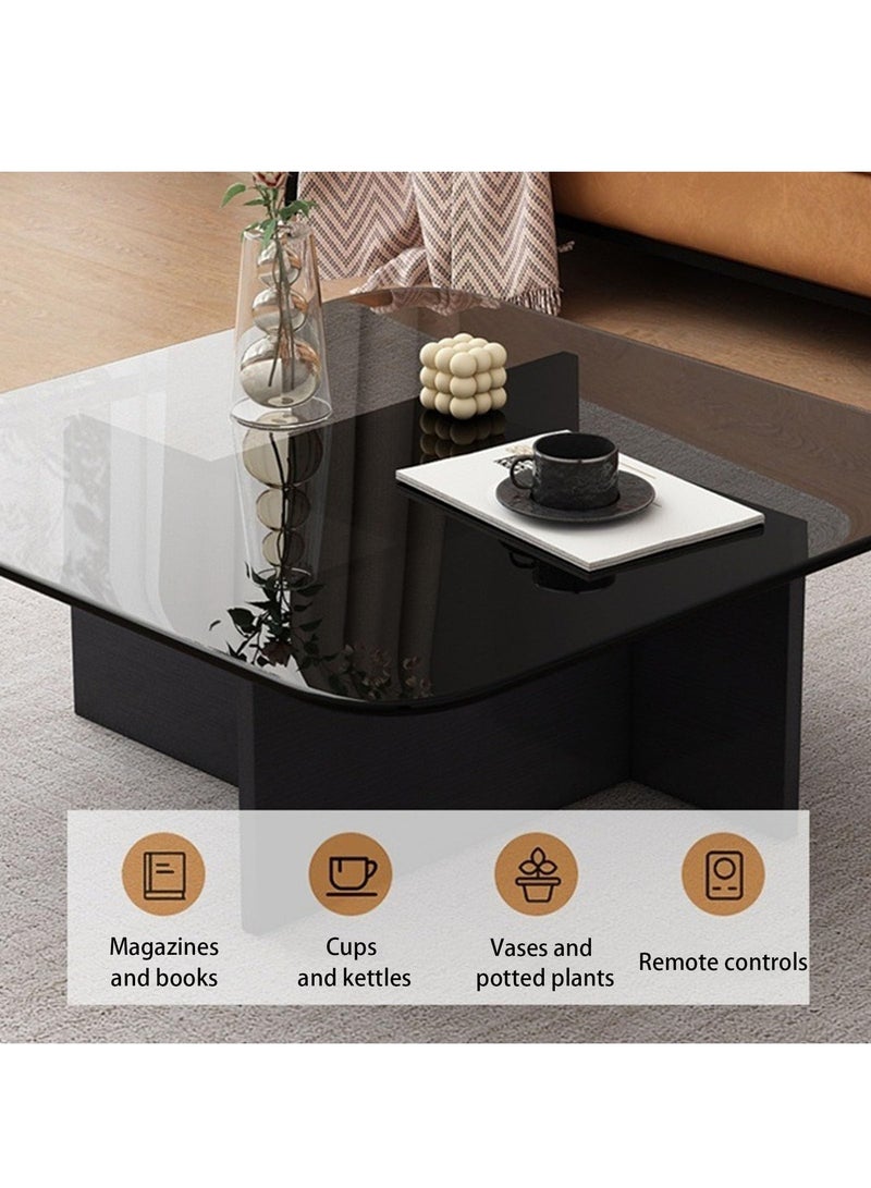 XiuWoo Tempered Glass Square Coffee Tables,Unique Modern Table,Clear Coffee Table,Mid-Century Modern Abstract End Table with Wooden Base for Living Room Home Office 70*70*36cm - Image 3