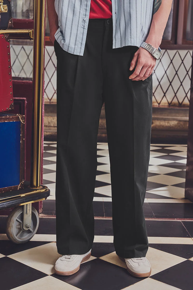 سنيتش Black Solid Wide Leg Casual Trousers