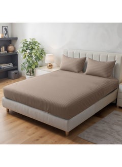 Rest Stripe Fitted Sheet Set King 180 X 200+30 Cm + 2 Pillowcases 50 X 75 Cm Brushed Microfiber Premium Durable Quality Deep Pocket For A Perfect Fit Shrinkage Fade Resistant Brown  - Image 1