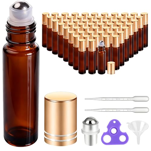 PrettyCare 60 Pack 10 ml Essential Oil Roller Bottles with Stainless Steel Roller Ball Bulk Refillable Leakproof Empty Thick Amber Glass Roll on Bottles with Metal Caps for Travel Perfume - Image 2