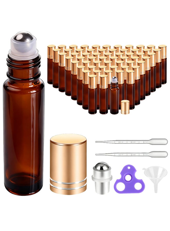 PrettyCare 60 Pack 10 ml Essential Oil Roller Bottles with Stainless Steel Roller Ball Bulk Refillable Leakproof Empty Thick Amber Glass Roll on Bottles with Metal Caps for Travel Perfume - Image 3