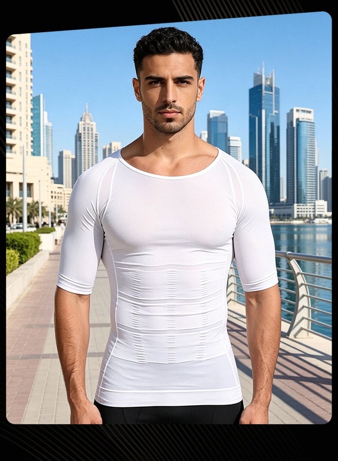 Jolly Chic Men Spring Summer Autumn Classic Breathable Compression Shirt Lightweight Sweat‑Wicking Sportwear Tummy Control Short Sleeve Top Plain Slimming Undershirt for Gym Running Workout Fitness White - Image 1