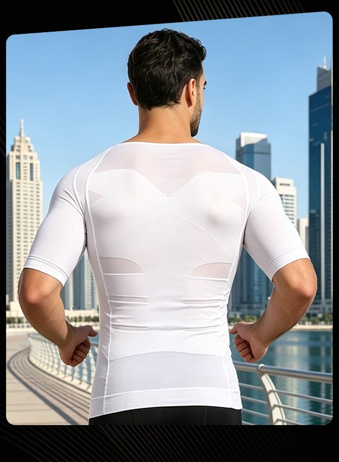 Jolly Chic Men Spring Summer Autumn Classic Breathable Compression Shirt Lightweight Sweat‑Wicking Sportwear Tummy Control Short Sleeve Top Plain Slimming Undershirt for Gym Running Workout Fitness White - Image 4