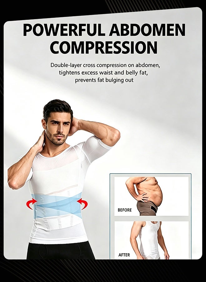 Jolly Chic Men Spring Summer Autumn Classic Breathable Compression Shirt Lightweight Sweat‑Wicking Sportwear Tummy Control Short Sleeve Top Plain Slimming Undershirt for Gym Running Workout Fitness White - Image 5