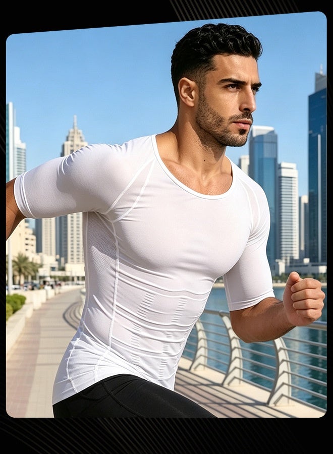 Jolly Chic Men Spring Summer Autumn Classic Breathable Compression Shirt Lightweight Sweat‑Wicking Sportwear Tummy Control Short Sleeve Top Plain Slimming Undershirt for Gym Running Workout Fitness White - Image 3