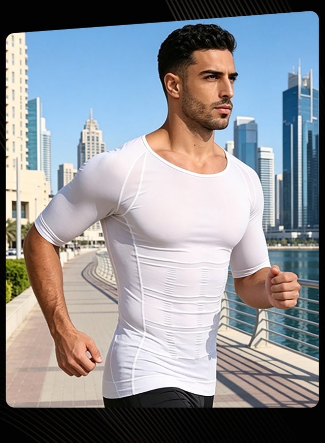 Jolly Chic Men Spring Summer Autumn Classic Breathable Compression Shirt Lightweight Sweat‑Wicking Sportwear Tummy Control Short Sleeve Top Plain Slimming Undershirt for Gym Running Workout Fitness White - Image 2