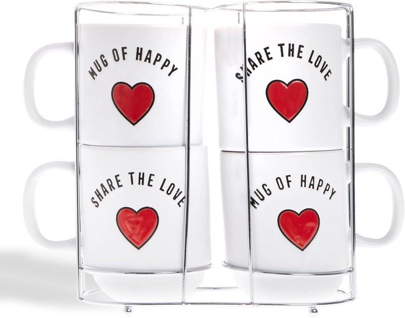 Sheffield Home Set of 4 Stackable Stoneware Mugs with a Metal Rack for Storage Large Cups for Tea Mugs for Latte and Hot Chocolate Heart Sentiments - Image 2