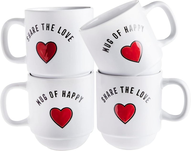 Sheffield Home Set of 4 Stackable Stoneware Mugs with a Metal Rack for Storage Large Cups for Tea Mugs for Latte and Hot Chocolate Heart Sentiments - Image 1