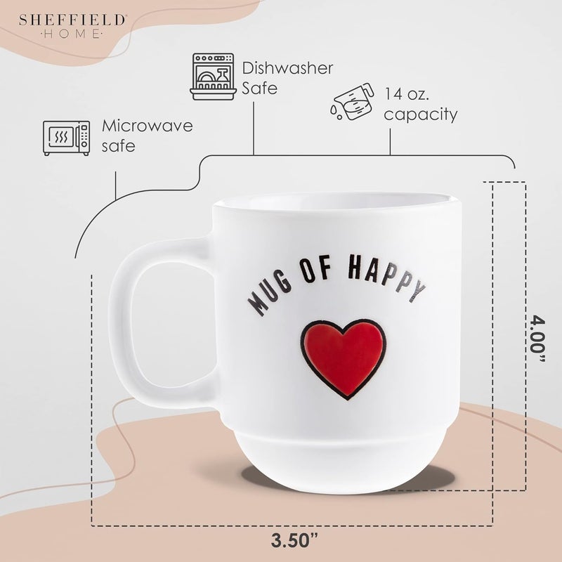 Sheffield Home Set of 4 Stackable Stoneware Mugs with a Metal Rack for Storage Large Cups for Tea Mugs for Latte and Hot Chocolate Heart Sentiments - Image 3
