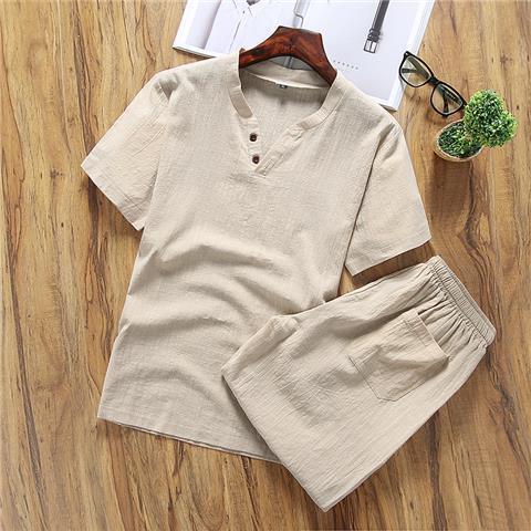 Mens Linen Suit Set Chinese Style Comfort Fit Khaki (short-sleeved shorts)