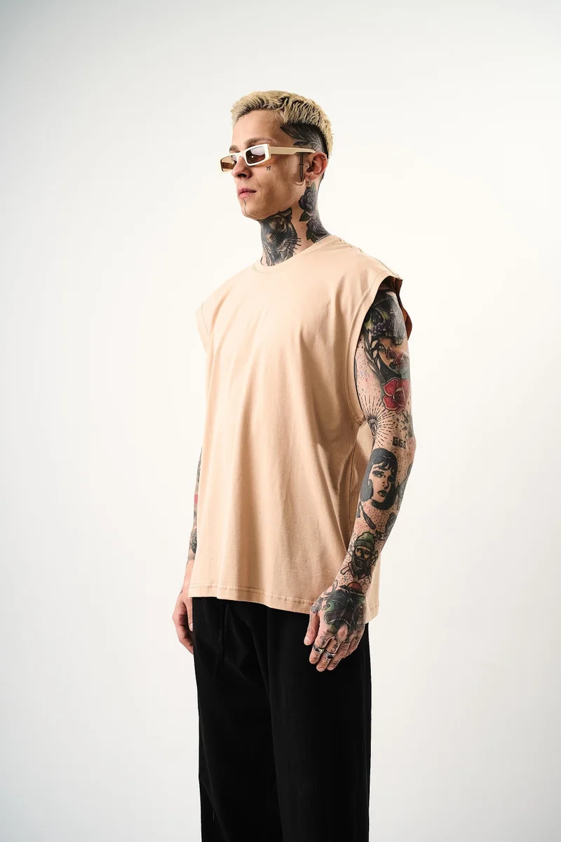 RESPIRE Men's Basic Sleeveless Oversize T-Shirt, Beige