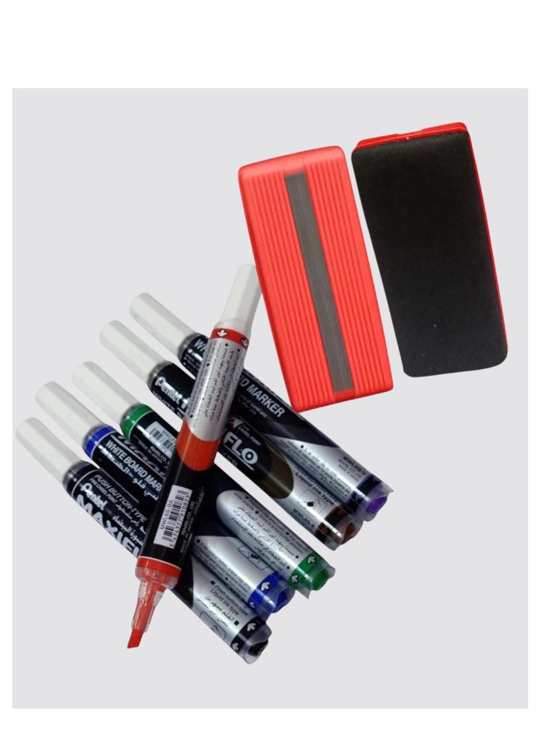 Pentel 6-Piece Maxiflo White Board Marker Set Multicolour With Eraser - Image 2