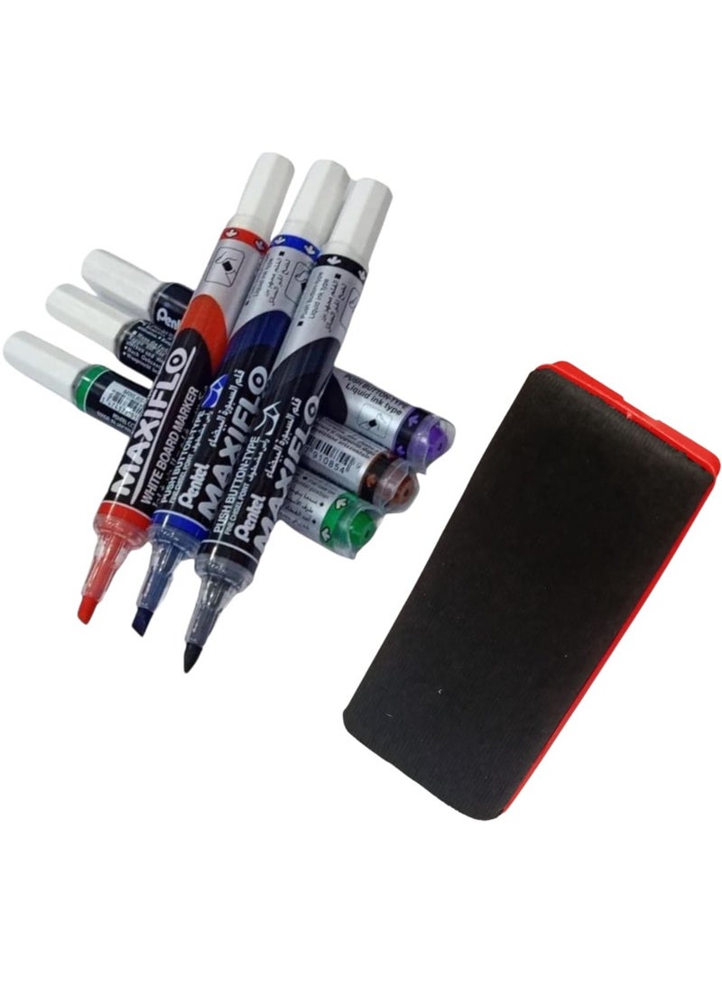 Pentel 6-Piece Maxiflo White Board Marker Set Multicolour With Eraser - Image 1