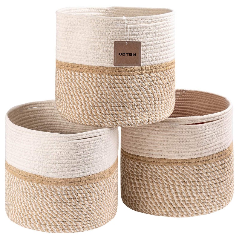 voten Cube Storage Baksets Bins 11x11 Fit 12x12 Organizer Bookcases ShelvingStylishDurable Woven Cotton Basket Containers for Organizing 3Pack Off WhiteMixed Camel
