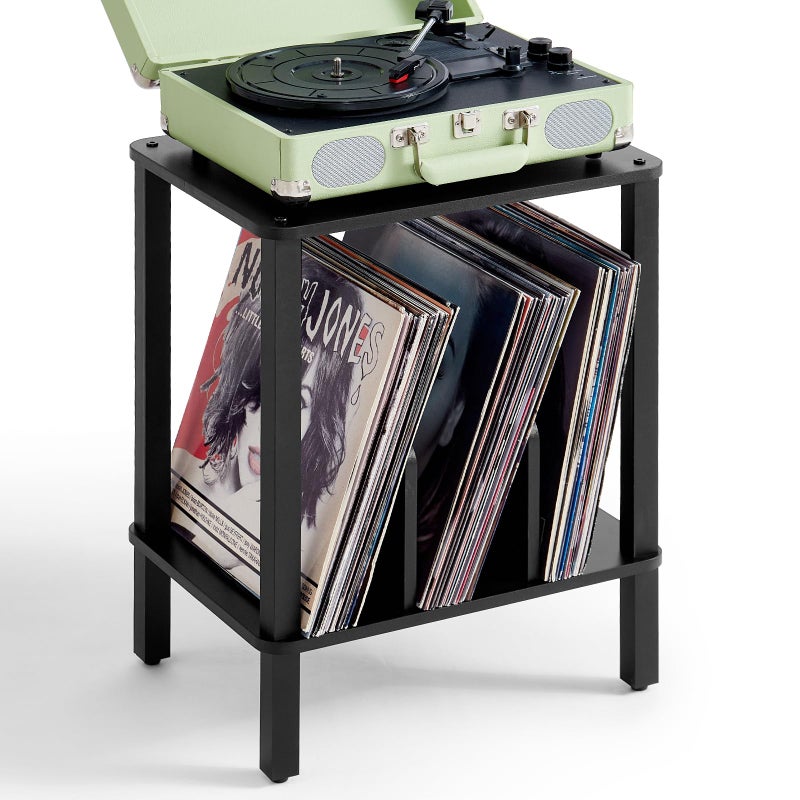 LELELINKY 2Tier Record Player Stand with Vinyl Record Storage up to 100 Albums Bedroom Record Holder and MultiFunctional End Table for Living Room Black