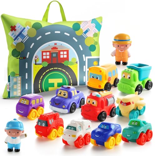bessome Soft Rubber Toy Figure Car for 1 Year Old Boy with Playmat Storage Bag12 PCS Cartoon Cars Baby Toys for 1218 Months Toddler Age 12First BirthdayGift for 1 2 3 Year Old Boy - Image 1