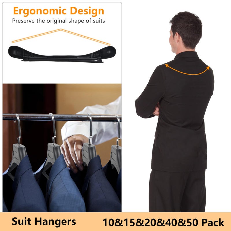 DEDU Plastic Extra Wide Suit Hangers, Pack of 15, Width: 17.7",Notched Shoulders & Metal Hooks, Black - Image 4
