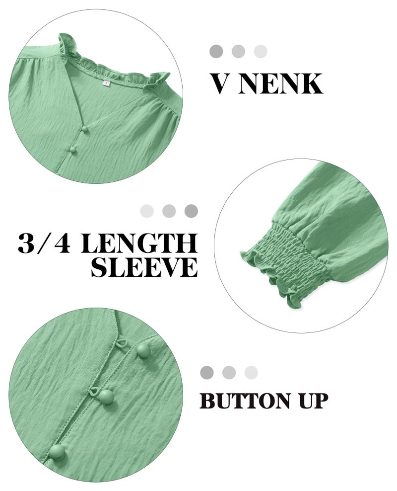 Gleeivy Green Blouses for Women Dressy Casual 3/4 Length Sleeve Womens Tops V Neck 2026 Spring Trendy Business Casual Outfits Mint Green 2XL - Image 4