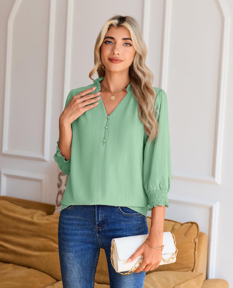 Gleeivy Green Blouses for Women Dressy Casual 3/4 Length Sleeve Womens Tops V Neck 2026 Spring Trendy Business Casual Outfits Mint Green 2XL - Image 5