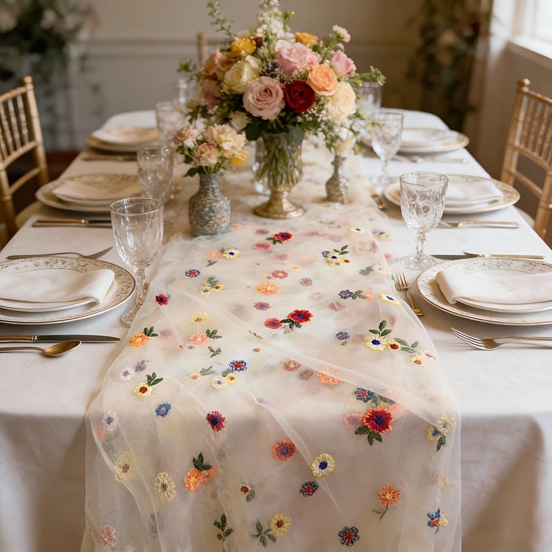 Beige Elegant Floral Embroidered Mesh Fabric 75.5x302cm Polyester Spandex - Image 1