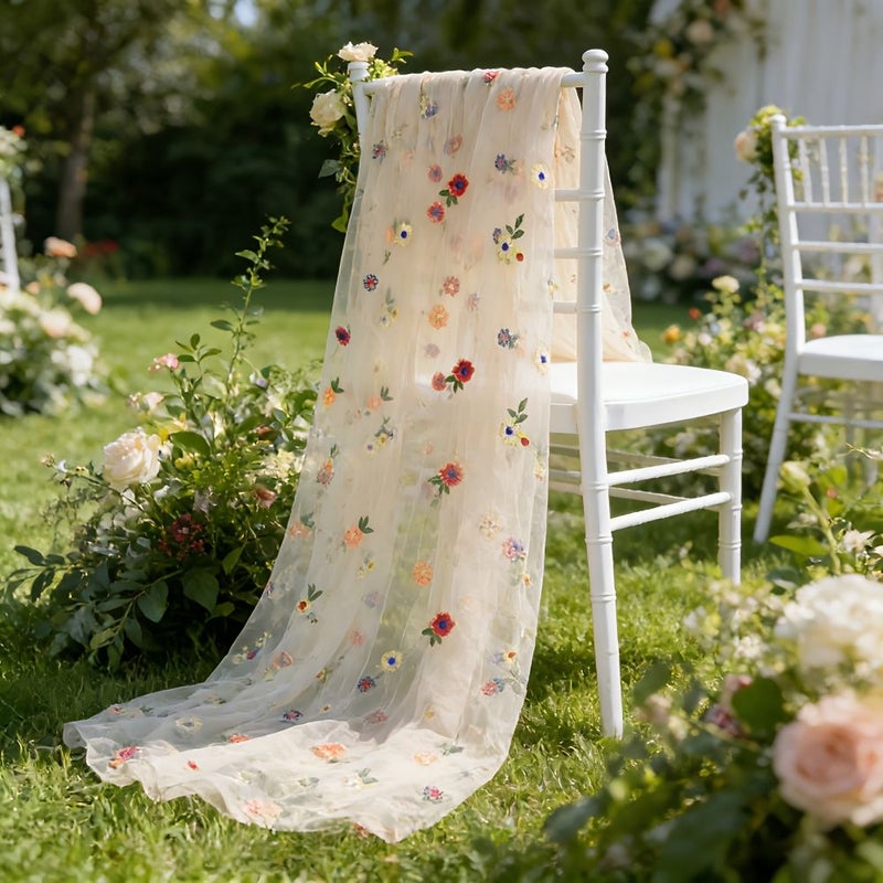 Beige Elegant Floral Embroidered Mesh Fabric 75.5x302cm Polyester Spandex - Image 5