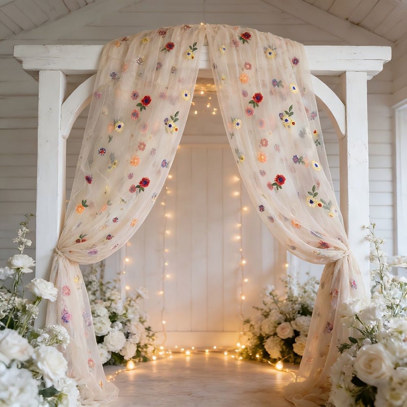 Beige Elegant Floral Embroidered Mesh Fabric 75.5x302cm Polyester Spandex - Image 4