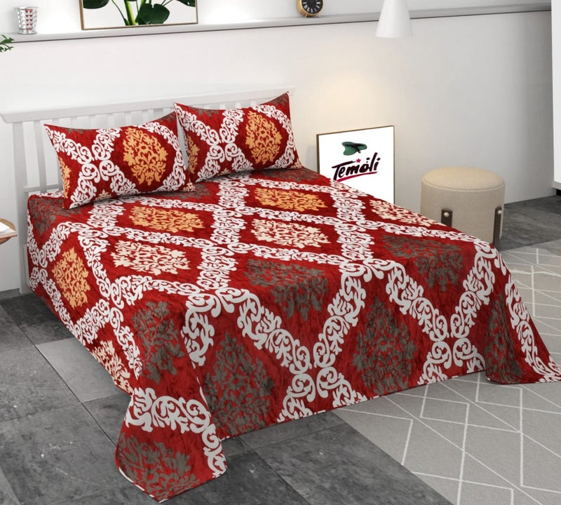 Temoli Flannel Solid Fabric Warm Bedsheets with 2 Pillow Covers (250X250 cm, King Size, Zig-Zag-Red) - Image 1