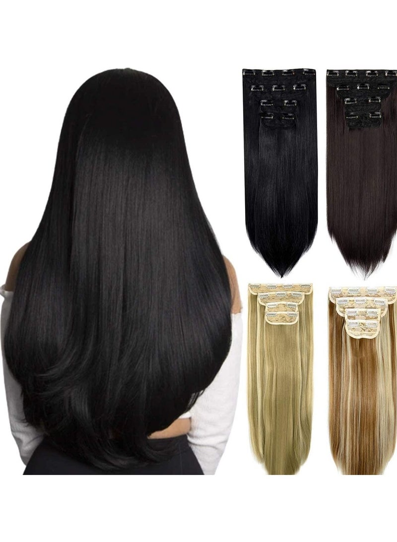 إستيل وصلات شعر من 4 قطع و 11 مشابك شعر مستقيمة سميكة كاملة الرأس مزدوجة اللحمة على وصلات إطالة الشعر الاصطناعية للنساء بني داكن مزيج بني فاتح مستقيم - Image 3