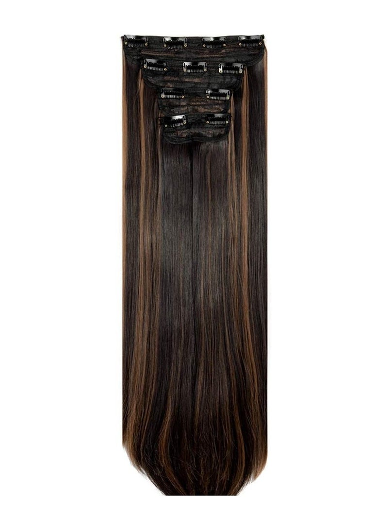 إستيل وصلات شعر من 4 قطع و 11 مشابك شعر مستقيمة سميكة كاملة الرأس مزدوجة اللحمة على وصلات إطالة الشعر الاصطناعية للنساء بني داكن مزيج بني فاتح مستقيم - Image 2