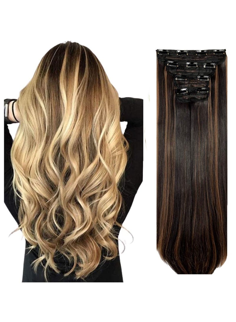 إستيل وصلات شعر من 4 قطع و 11 مشابك شعر مستقيمة سميكة كاملة الرأس مزدوجة اللحمة على وصلات إطالة الشعر الاصطناعية للنساء بني داكن مزيج بني فاتح مستقيم - Image 1