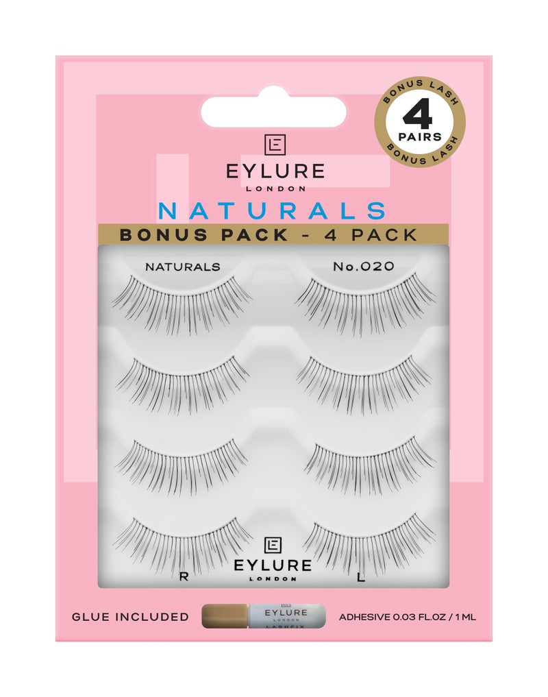 Eylure Naturals No. 020 Reusable Eyelashes, Adhesive Included, Black, 4 Pair - Image 1
